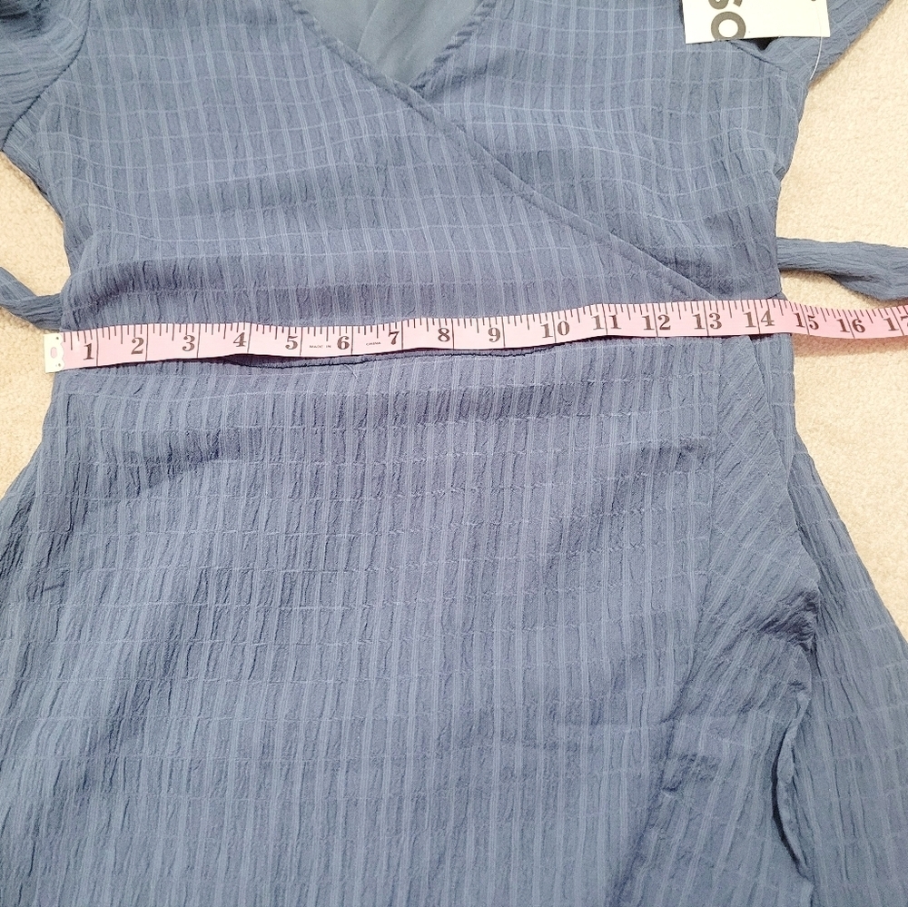 SO Woman's Faux Wrap Ruffle Hem Dress Blue Textured Long Sleeve Size Medium NEW - Picture 7 of 13